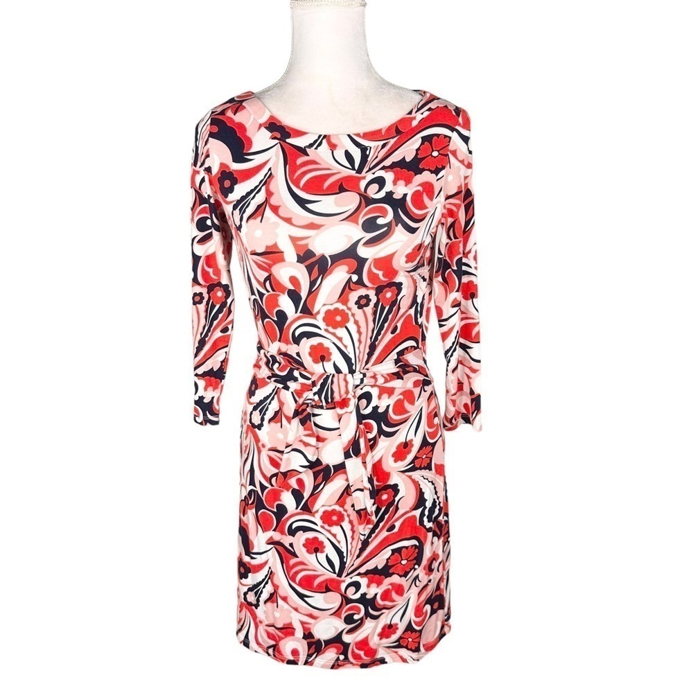 Boden mini dress tunic t-shirt dress navy blue orangey-red pink print tie belt 6